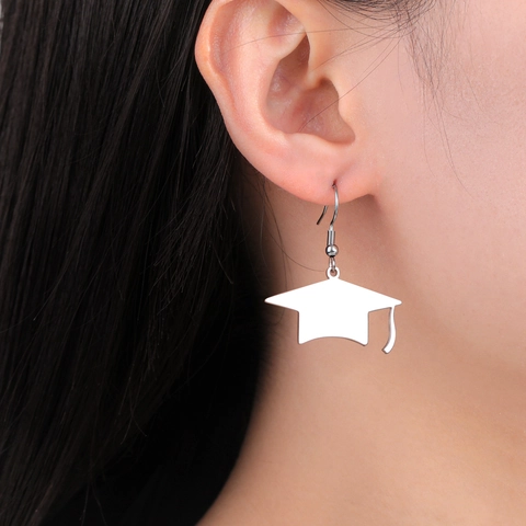 Boucles d'Oreilles Pendantes Toque de Diplôme en Acier Inoxydable Bijoux Académiques Minimalistes Crochet Cadeau de Graduation