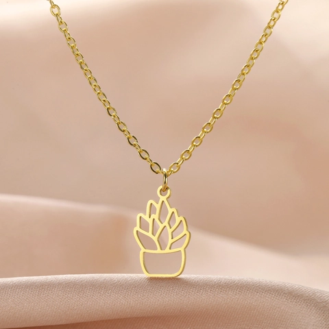 Stainless Steel Succulent Plant Hollow Pendant Necklace Minimalist Double Layer Gold Silver Jewelry Accessory For Women