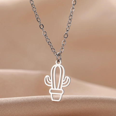 Stainless Steel Cactus Pendant Necklace Hollow Out Potted Plant Minimalist Jewelry For Men Women Fashion Casual Gift