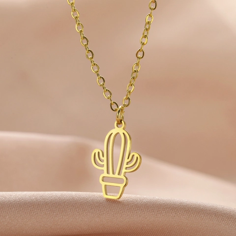 Stainless Steel Cactus Pendant Necklace Hollow Out Potted Plant Minimalist Jewelry For Men Women Fashion Casual Gift