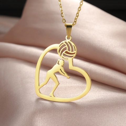 Collar con Colgante de Corazón de Voleibol de Acero Inoxidable para Mujer Joyería Deportiva de Atleta Hueca Bañado en Oro Plata
