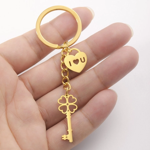 Portachiavi con Pendente a Forma di Chiave a Quadrifoglio e Lucchetto a Cuore in Acciaio Inossidabile 304 Regalo Romantico I Love You per Coppie Gioielli