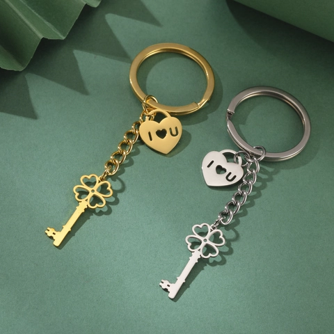 Portachiavi con Pendente a Forma di Chiave a Quadrifoglio e Lucchetto a Cuore in Acciaio Inossidabile 304 Regalo Romantico I Love You per Coppie Gioielli