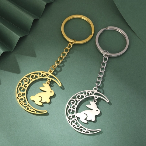 Llavero de Acero Inoxidable con Diseño de Luna y Conejo de Filigrana Hueca Joyería de Moda Regalo Colgante Dorado Plateado