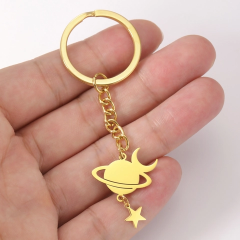 Llavero con Colgante de Planeta Saturno Acero Inoxidable Estrella Luna Encanto Llavero de Moda para Hombres Mujeres Joyería Regalo