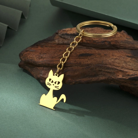 Lindo Llavero con Colgante de Silueta de Gato Hueco Acero Inoxidable 304 Anillo de Metal Accesorio de Bolso Regalo para Mujeres y Niñas