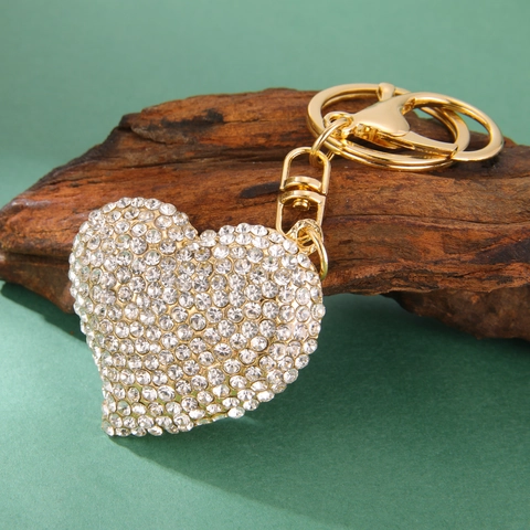 Romantische Hartvormige Sleutelhanger Met Strass Voor Dames Goud Legering Kristal Tas Hanger Glinsterende Hart Sleutelring Cadeau