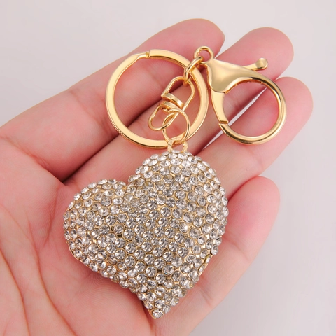 Romantische Hartvormige Sleutelhanger Met Strass Voor Dames Goud Legering Kristal Tas Hanger Glinsterende Hart Sleutelring Cadeau
