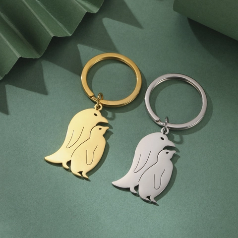 Portachiavi Pinguino in Acciaio Inossidabile 304 Design Silhouette Genitore-Figlio Metallo Lucido Oro Argento Regalo Gioielli