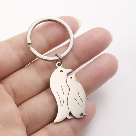 Portachiavi Pinguino in Acciaio Inossidabile 304 Design Silhouette Genitore-Figlio Metallo Lucido Oro Argento Regalo Gioielli