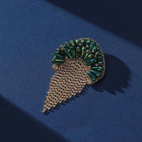 Lussuosa Spilla Vintage a Ventaglio in Cristallo Verde Smeraldo con Nappina a Cascata di Strass Spilla da Balia per Donna