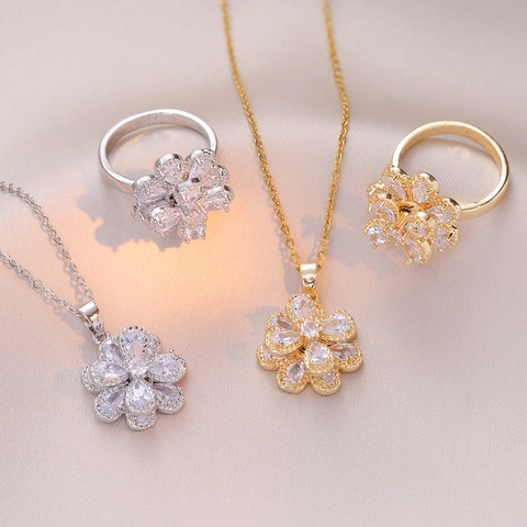 Rotating Flower Zirconia Jewelry Set For Women Stainless Steel Double Layer Necklace And Ring Gold Silver Plated Elegant Accessory