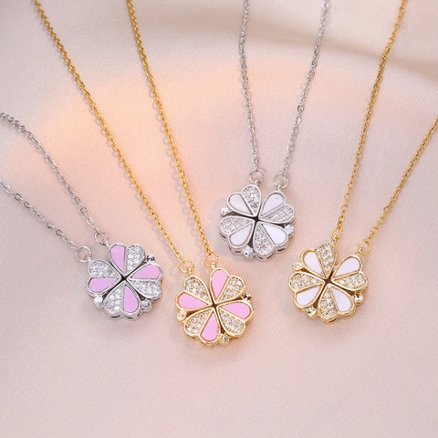 Faltbare Vierblättrige Kleeblatt Herz Halskette Für Damen Edelstahl Zirkonia Emaille Magnetisch Wendbar Mode Schmuck Geschenk
