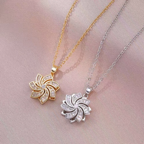 Rotating Flower Pendant Necklace Stainless Steel Inlaid Zirconia Windmill Flower Clavicle Chain For Women Fashion Jewelry