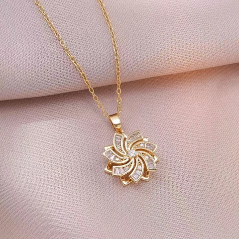 Rotating Flower Pendant Necklace Stainless Steel Inlaid Zirconia Windmill Flower Clavicle Chain For Women Fashion Jewelry