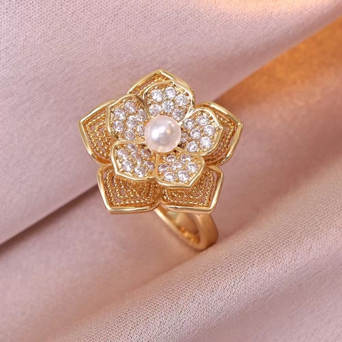Blume Zirkon Künstliche Perle Titanstahl Halskette Und Verstellbarer Offener Ring Schmuck Für Damen Elegant Mode Geschenk