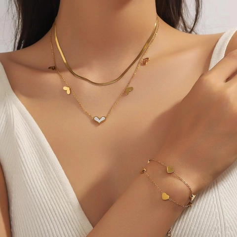 Edelstahl Doppellagig Herz Halskette Für Damen Weiß Muschel Anhänger Strass Armband Elegant Gold Mode Schmuck Geschenk