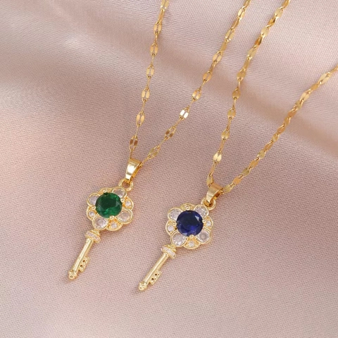 Titanium Steel Floral Key Pendant Necklace For Women Zirconia Inlaid Light Luxury Japanese-Korean Style Fashion Jewelry