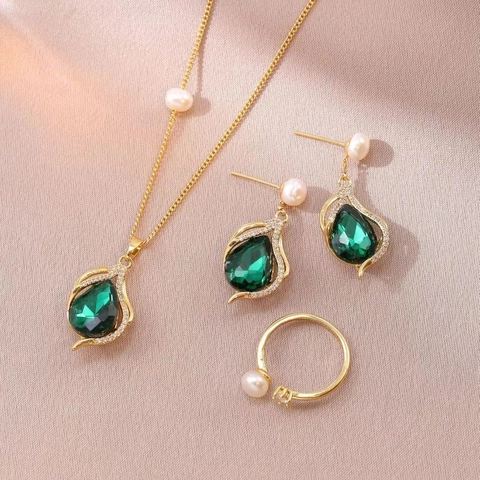Vintage Titanium Steel Emerald Green Waterdrop Rhinestone Necklace Earrings Ring Artificial Pearl Jewelry For Women Party Accessories