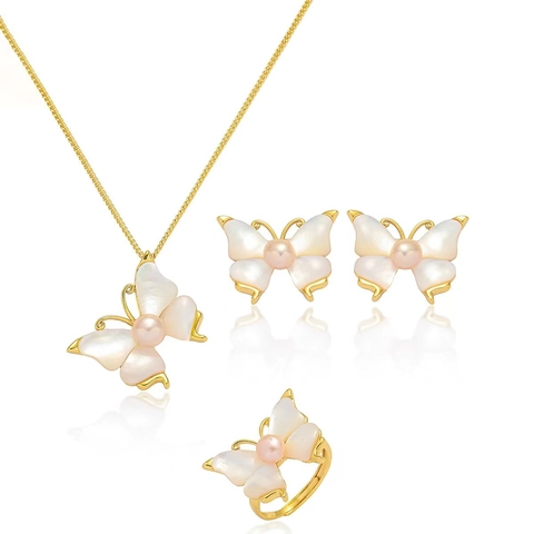 Niche Design Titanium Steel Butterfly Jewelry Set Artificial Pearl Shell Pendant Necklace Earrings Adjustable Open Ring For Women