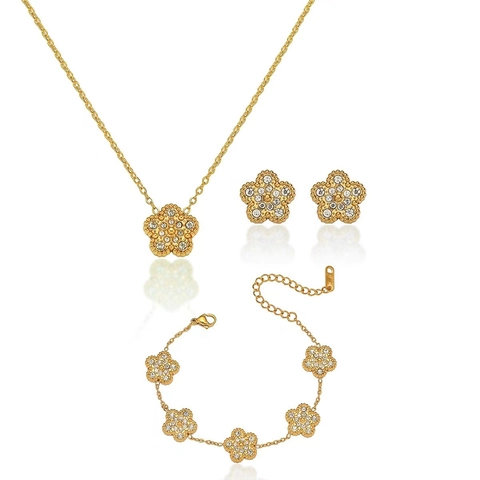 Five Petal Flower Jewelry Titanium Steel Zircon Necklace Bracelet Earrings 18K Gold Plated Women Elegant Floral