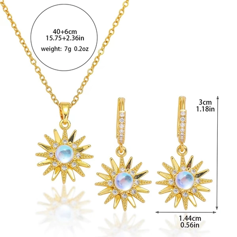Leichter Luxus Titanstahl Sonnenstrahl Halskette Und Ohrringe Mondstein Zirkonia Sternenstrahl Blume Gold Schmuck Für Damen