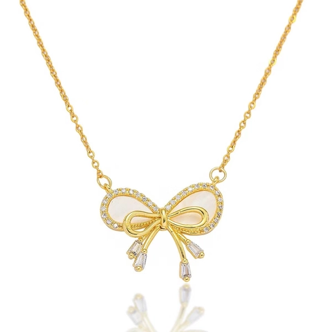 Collier Pendentif Noeud Papillon En Acier Inoxydable Avec Nacre Et Zircone Bijoux Plaqué Or Pour Femmes Filles