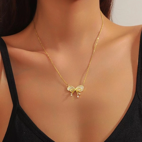 Collier Pendentif Noeud Papillon En Acier Inoxydable Avec Nacre Et Zircone Bijoux Plaqué Or Pour Femmes Filles