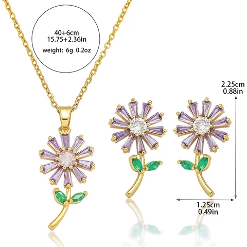 Titanstahl Zirkonia Sonnenblume Anhänger Halskette Lila Strass Floral Ohrstecker Gold Vergoldet Damen Schmuck Geschenk