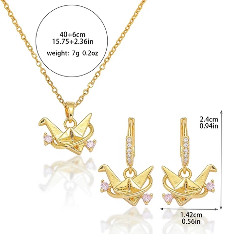 Titanium Staal Papieren Kraanvogel Ketting Oorbellen Sieradenset Goud Zilver Strass Roze Zirkonia Ster Origami Vrouwen Sieraden