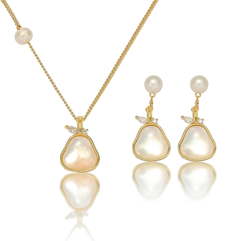 Neuer Chinesischer Stil Birne Muschel Süßwasserperle Halskette Ohrringe Gold Titanstahl Zirkonia Schmuck Für Damen Bankett Accessoires