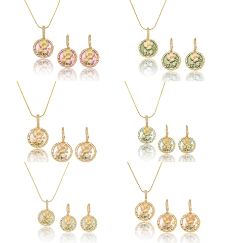 Vintage Französisches Emaille Blumen Schmuck Set Vergoldet Edelstahl Süßwasserperle Halskette Ohrringe Für Damen Elegantes Geschenk