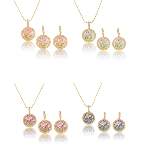 Französisch Vintage Emaille Lotus Blume Süßwasserperle Schmuck Set Titan Stahl Vergoldet Anhänger Halskette Ohrringe Für Damen