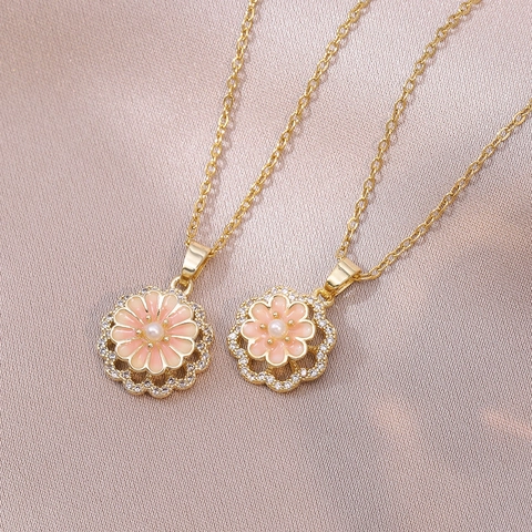 Roterende Bloem Hanger Ketting Roestvrij Staal Emaille Kunstparel Zirkoon 18K Verguld Elegante Sieraden Voor Vrouwen