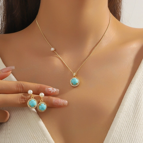 Vintage French Stainless Steel Turquoise Baroque Freshwater Pearl Necklace Earrings Jewelry Set Gold Plated Women Accessory Gift