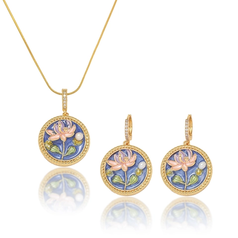 Französisch Vintage Emaille Lotus Blume Süßwasserperle Schmuck Set Titan Stahl Vergoldet Anhänger Halskette Ohrringe Für Damen