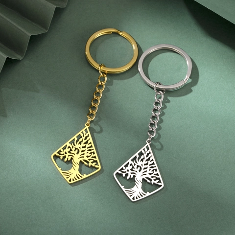 Portachiavi Albero Della Vita in Acciaio al Titanio Ciondolo a Rombo Svuotato Stile Naturale Minimalista Gioielli per Uomo Donna Regalo