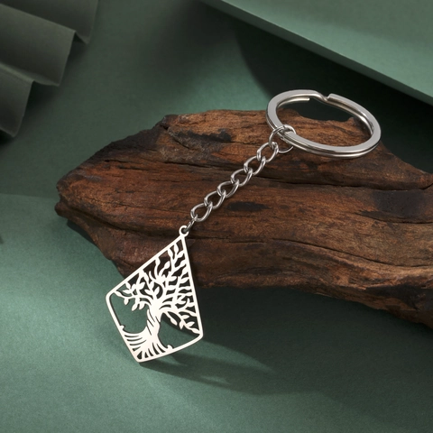 Portachiavi Albero Della Vita in Acciaio al Titanio Ciondolo a Rombo Svuotato Stile Naturale Minimalista Gioielli per Uomo Donna Regalo