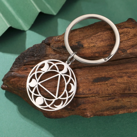 Stainless Steel Geometric Triangle Hollow Keychain Moon Phase Sacred Geometry Pendant Key Ring For Car Bag Unisex Gift