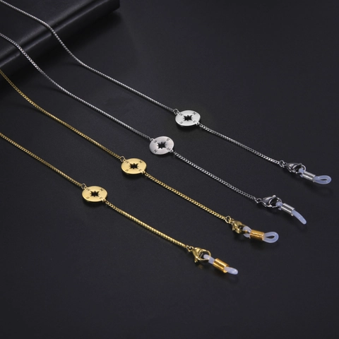 304 Edelstahl Brillenkette Mit Kompass Stern Anhänger Box-Kette Brillenhalter Kordel Maskenkette Für Damen Schmuck