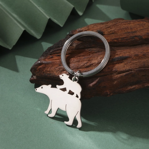 Llavero Creativo de Acero de Titanio con Oso Polar Colgante de Oso de Padre e Hijo de Acero Inoxidable para Regalo