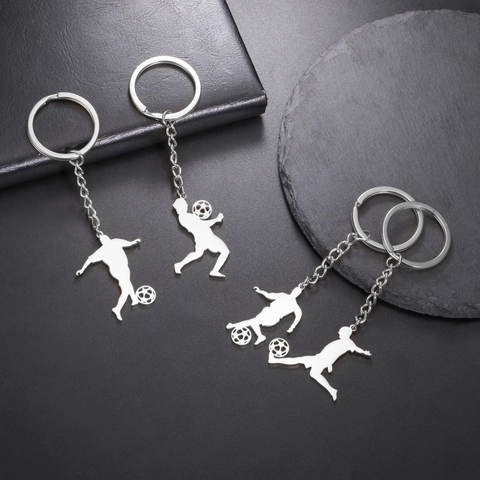 Stainless Steel Football Player Silhouette Keychain Sporty Soccer Athlete Action Pendant Key Ring Jewelry For Men Women Sports Fans Gift