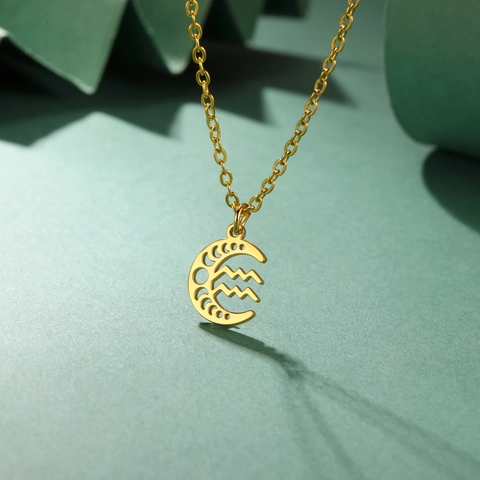 Collier en Acier Inoxydable 12 Signes du Zodiaque Pendentif Lune Ajouré Pour Femmes Hommes Or Argent Bijoux Astrologiques Cadeau