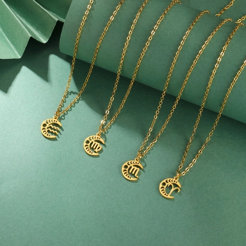 Collier en Acier Inoxydable 12 Signes du Zodiaque Pendentif Lune Ajouré Pour Femmes Hommes Or Argent Bijoux Astrologiques Cadeau