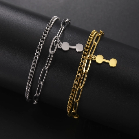 Double Layer Stainless Steel Dumbbell Bracelet For Women Men Fitness Jewelry Dumbbell Pendant Chain Bracelet Gold Silver Adjustable Bracelet