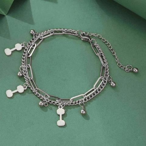 Double Layer Stainless Steel Dumbbell Bracelet For Women Men Fitness Jewelry Dumbbell Pendant Chain Bracelet Gold Silver Adjustable Bracelet