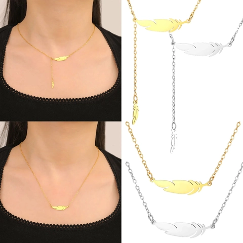 18K Gold Plated 304 Stainless Steel Feather Pendant Y-Shape Necklace For Women Elegant Fashion Choker Jewelry Gift