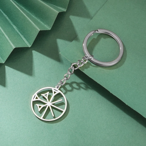 Llavero de Acero Inoxidable Colgante Redondo Hueco Patrón Cuneiforme Geométrico Anillo de Llave Joyería de Moda Regalo Para Mujeres Hombres