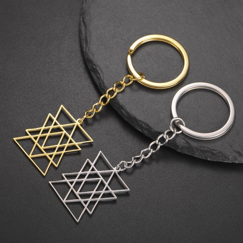 Llavero de Hexagrama Hueco Geométrico de Acero de Titanio Colgante de Merkaba Geometría Sagrada Minimalista Anillo de Acero Inoxidable Unisex