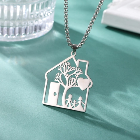 Stainless Steel Family House Pendant Necklace With Tree Of Life Heart Silhouette Box Chain Jewelry Gift For Parents Kids